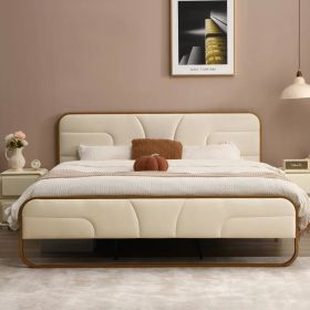 King Beige Upholstered Headboard Footboard Platform Bed with Gold Metal Frame