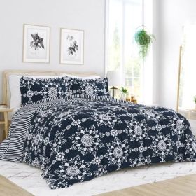 Twin size 2-Piece Navy Blue White Reversible Floral Striped Comforter Set