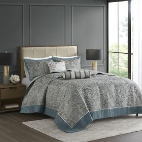 5 Piece Jacquard Bedspread Set with Throw Pillows Teal Queen