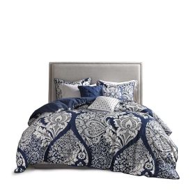 7 Piece Cotton Printed Comforter Set Indigo King