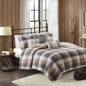 6 Piece Printed Herringbone Quilt Set with Throw Pillows Neutral King/Cal King