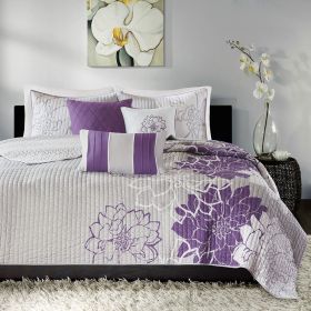 6 Piece Printed Cotton Quilt Set with Throw Pillows Taupe Grey/Purple King/Cal King