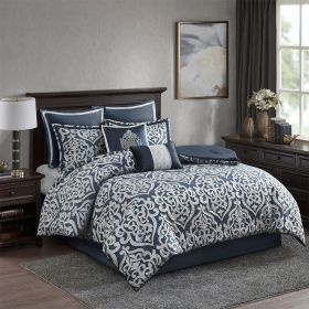 8 Piece Jacquard Comforter Set Navy/Silver Queen