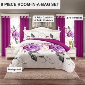 9-Piece Purple Rose Bedding & Curtain Set (Queen/King/Cal King) - Quilted Microfiber Bedspread + Sheer Curtains (Color: pink rose, size: Cal King)