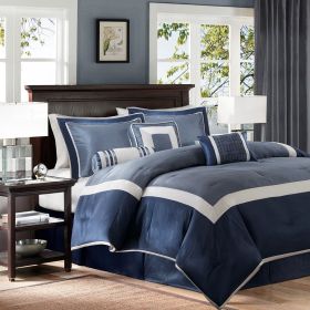 7 Piece Comforter Set Navy Queen (Color: as Pic)