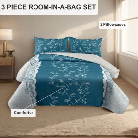 3-Piece Teal Lace Floral Bedding Set (Queen/King/Cal King) - Quilted Microfiber Quilt + Pillow Shams (Color: blue flower, size: Queen)
